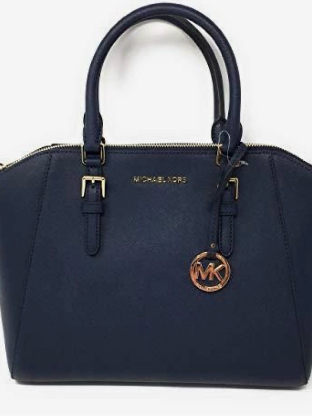 Michael Kors Navy Leather Satchel with Gold Hardware